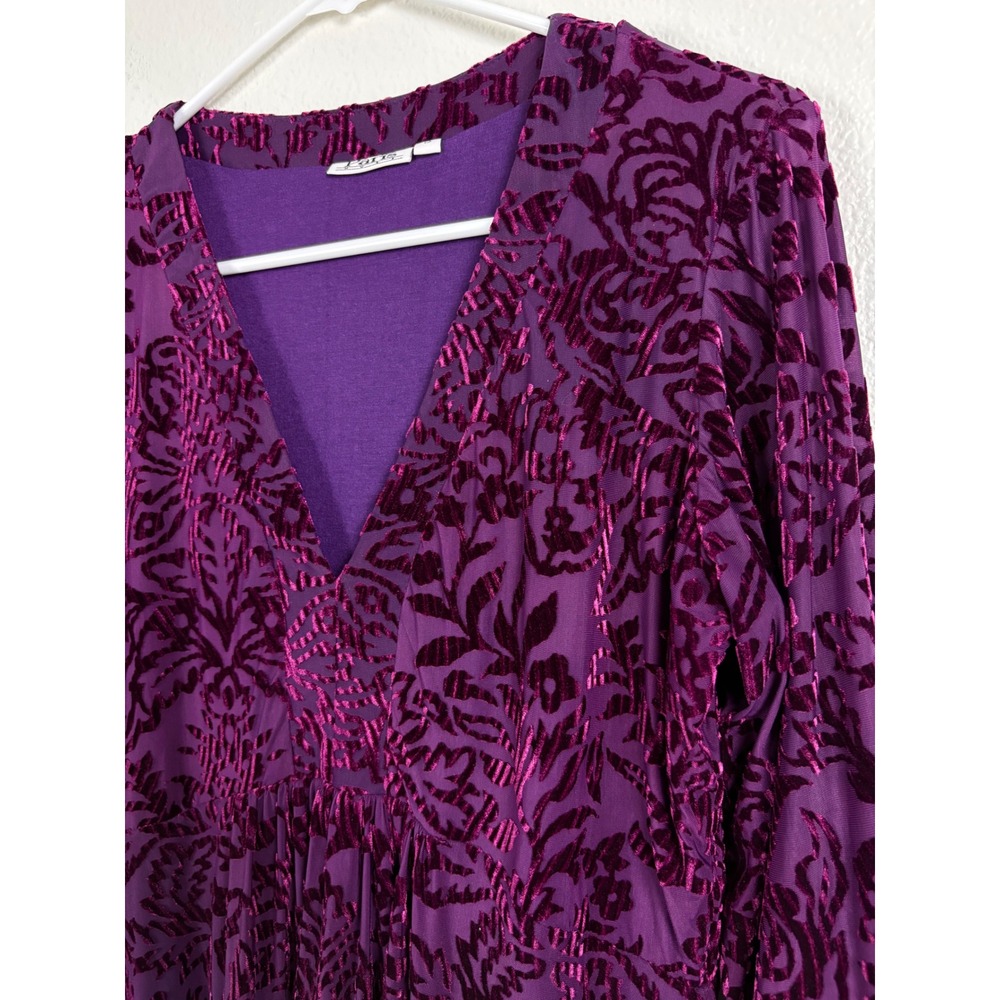Paris Blues Women Purple Burnout Velvet Damask Bell Sleeve V-Neck Tunic Top S - Picture 4 of 11